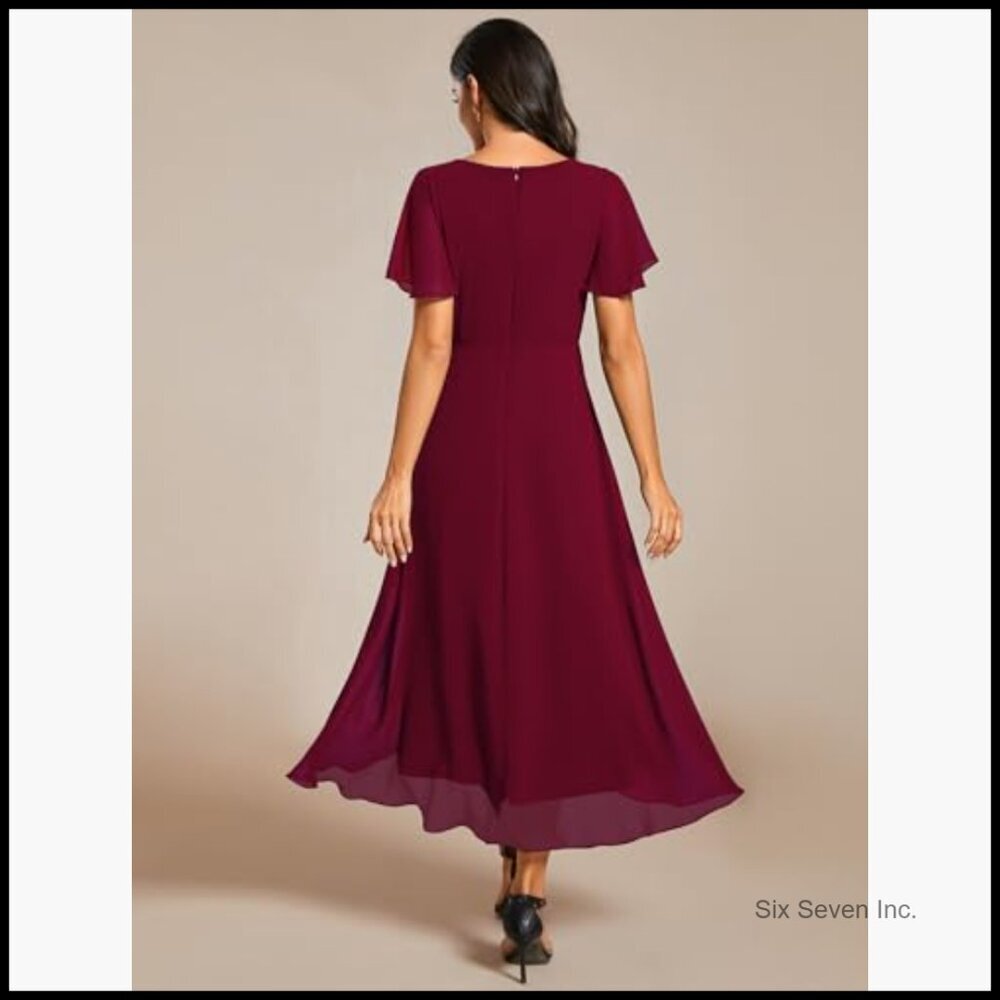 Chiffon V-Neck Ruched Midi High Low Formal Dress Short Sleeves - Picture 2 of 7